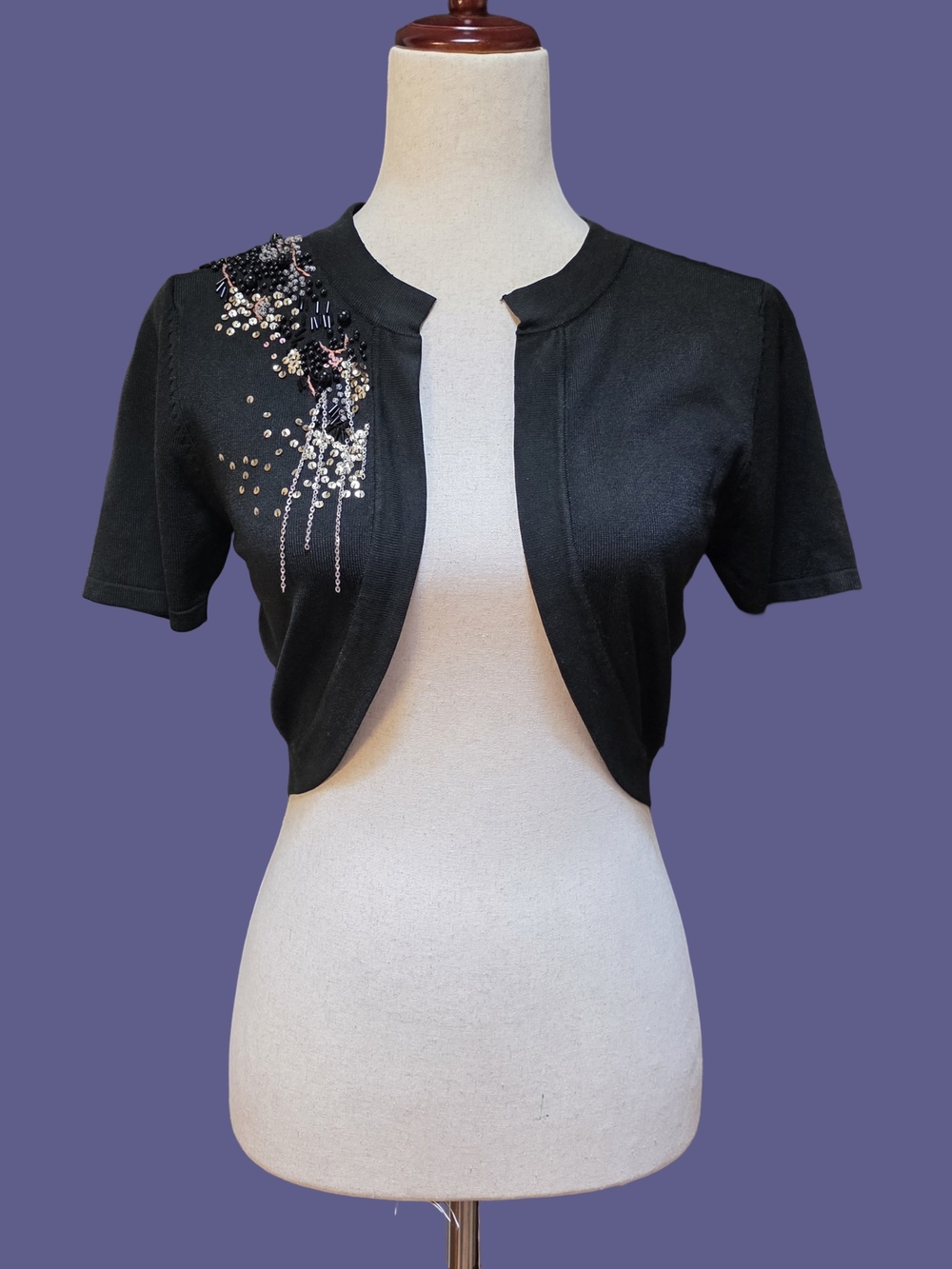 VTG Betsey Johnson Black Beaded Embroidered Open Cropped Knit Shrug